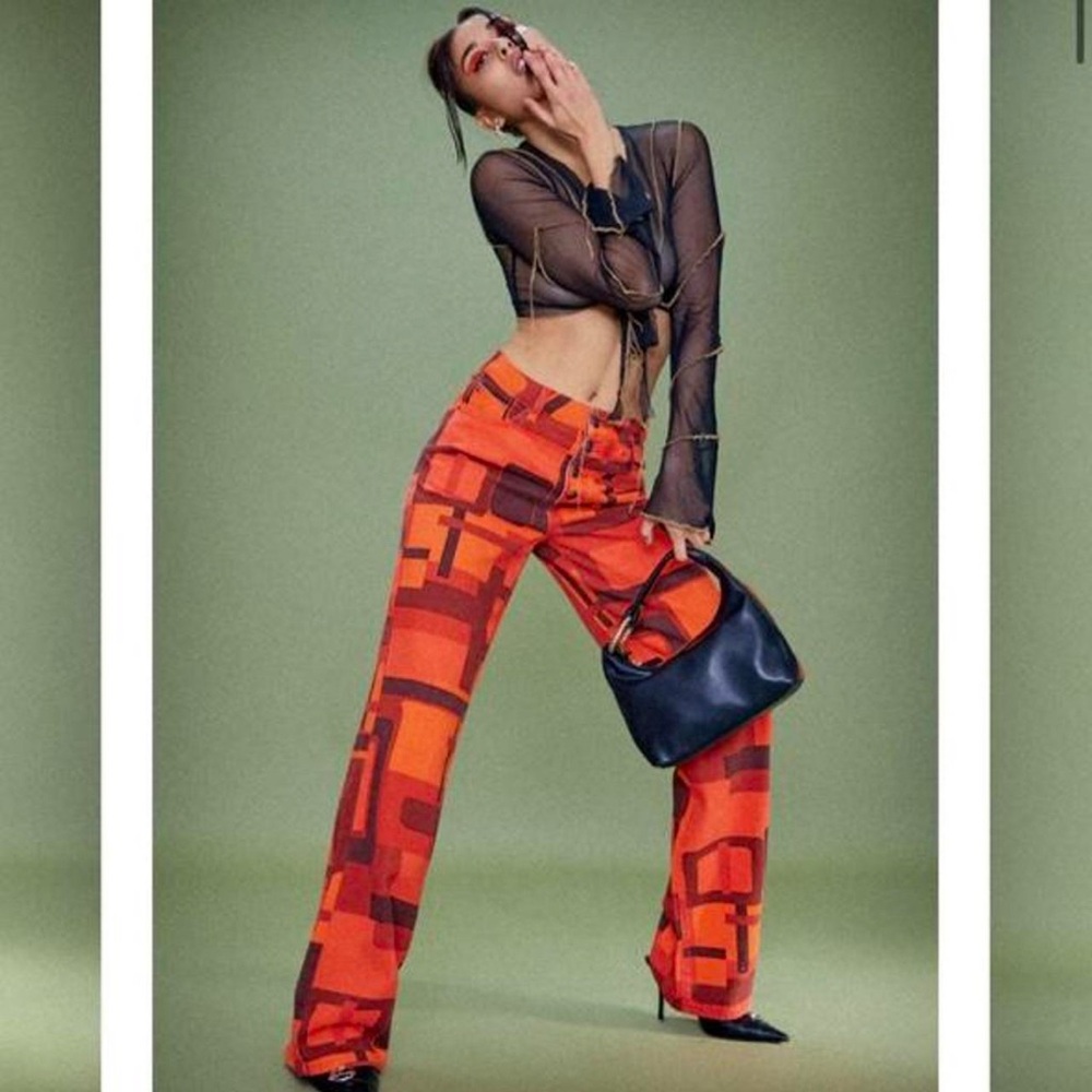 Jaded London Red Abstract Square Print Jeans